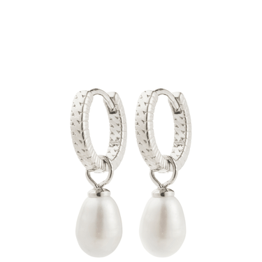 Silver hoop earrings with pearl drops on a white background