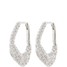 Silver hoop earrings with clear gemstones on a white background