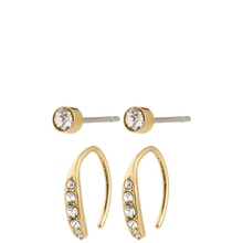 Gold hoop earrings with embedded crystals on a white background