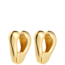 Pair of gold hoop earrings on a white background