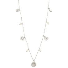 Silver necklace with various pendants on a white background