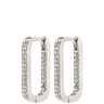 Pair of silver hoop earrings with embedded stones on a white background