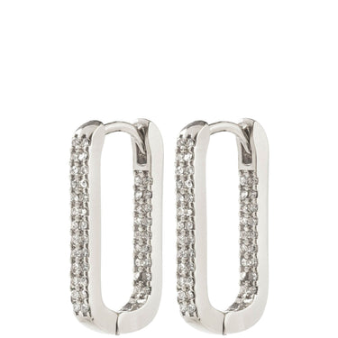 Pair of silver hoop earrings with embedded stones on a white background