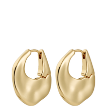 Pair of gold hoop earrings on a white background