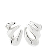 A pair of polished silver abstract geometric drop earrings with a reflective, metallic finish, shown against a plain white background.
