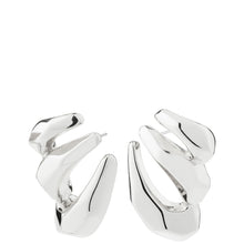 A pair of polished silver abstract geometric drop earrings with a reflective, metallic finish, shown against a plain white background.