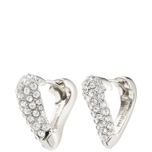 Silver hoop earrings with clear gemstones on a white background