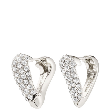 Silver hoop earrings with clear gemstones on a white background