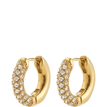 Gold hoop earrings with clear gemstones on a white background