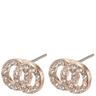 Rose gold earrings with clear gemstones on a white background