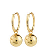 Gold hoop earrings with round gold balls on a white background