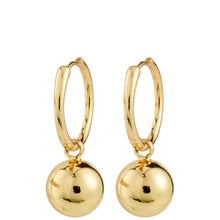 Gold hoop earrings with round gold balls on a white background