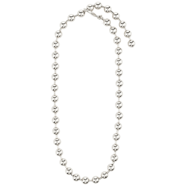 Silver beaded necklace on a white background