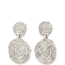 Pair of silver spiral earrings on a white background