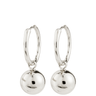 Pair of silver hoop earrings with round dangling charms on a white background