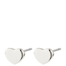 Heart-shaped silver stud earrings on a white background
