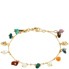 Gold bracelet with various colored beads on a white background