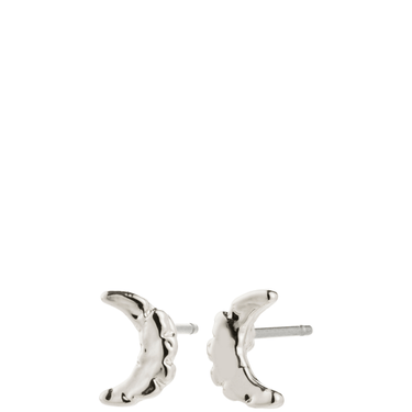 Silver moon-shaped earrings on a white background