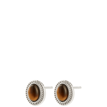 Pair of silver earrings with brown gemstones on a white background
