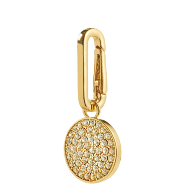 Gold charm with circular design and embedded stones on a white background