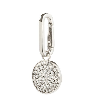 Silver charm with a round, diamond-studded disc on a white background
