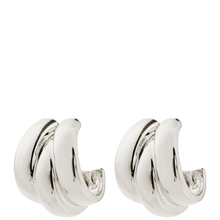 Pair of silver hoop earrings on a white background