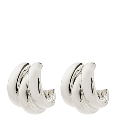 Pair of silver hoop earrings on a white background