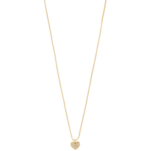 Gold necklace with a heart-shaped pendant on a white background
