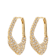 Gold hoop earrings with crystal embellishments on a white background