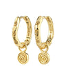 Gold hoop earrings with spiral charms on a white background