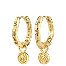 Gold hoop earrings with spiral charms on a white background