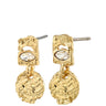 Gold earrings with a textured design and clear gemstones on a white background