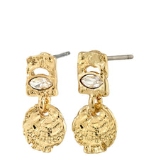 Gold earrings with a textured design and clear gemstones on a white background