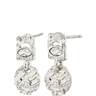 Silver earrings with intricate designs on a white background