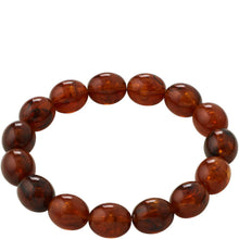 A beaded stretch bracelet made of glossy, oval-shaped amber brown beads with natural inclusions, shown on a plain white background.
