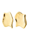 A pair of abstract, organic-shaped gold earrings with a polished, reflective finish, shown against a plain white background.