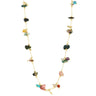 A gold chain necklace featuring a series of small, colorful raw gemstone chips in various shapes and colors, displayed on a clean white background.