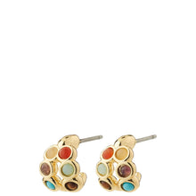 A pair of gold-toned stud earrings with multiple small circular inlay stones in assorted colors, shown on a plain white background.