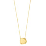 A delicate gold chain necklace with a small, polished, irregularly shaped gold pendant, shown against a plain white background.