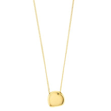 A delicate gold chain necklace with a small, polished, irregularly shaped gold pendant, shown against a plain white background.