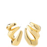 A pair of abstract, sculptural gold hoop earrings with a glossy, polished finish, displayed against a solid white background.