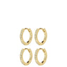 Four gold huggie hoop earrings, each adorned with a row of clear crystals on one side, arranged in a 2x2 grid on a solid white background. The brand name 'plkiern' is engraved on the inside of the hoops.