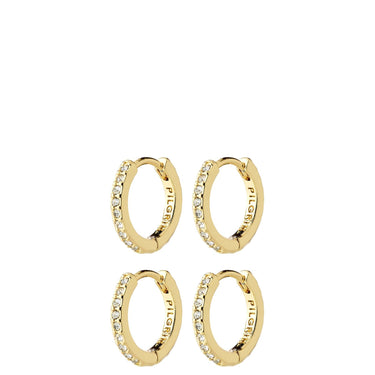 Four gold huggie hoop earrings, each adorned with a row of clear crystals on one side, arranged in a 2x2 grid on a solid white background. The brand name 'plkiern' is engraved on the inside of the hoops.