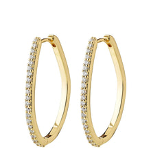 A pair of gold hoop earrings with a row of clear pavé-set stones along the front edge, shown against a plain white background.