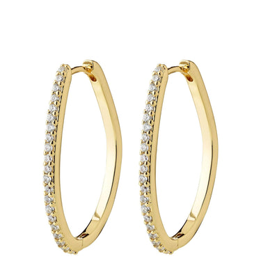 A pair of gold hoop earrings with a row of clear pavé-set stones along the front edge, shown against a plain white background.