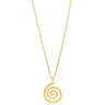 A gold spiral pendant necklace on a delicate gold chain, shown against a plain white background.