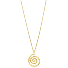 A gold spiral pendant necklace on a delicate gold chain, shown against a plain white background.