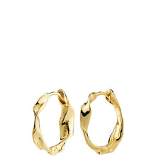A pair of gold huggie hoop earrings with a textured, organic wavy design, shown against a plain white background.