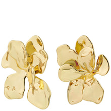Pair of gold floral earrings on a white background