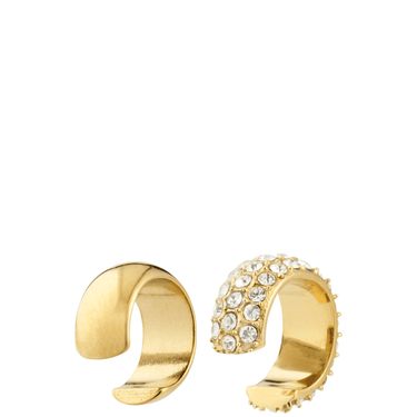 Two gold hoop earrings on a white background